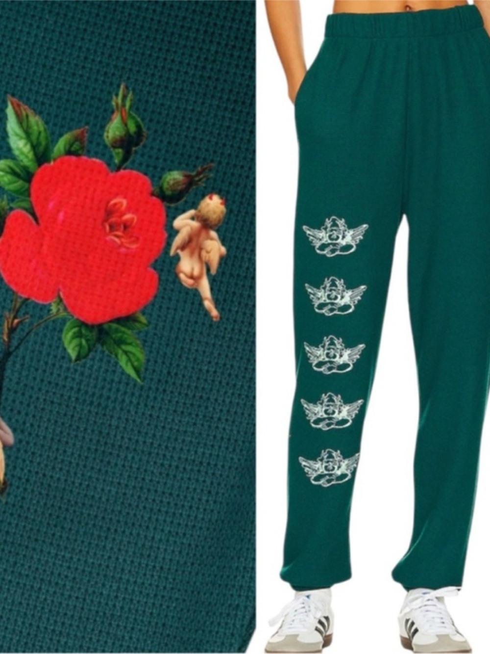 BOYS LIE Rising Angels Waffle Knit Sweatpants in Green Rose Graphic Women’s XS